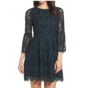 Eliza J Lace Bell-Sleeve Mini Dress Purple & Navy Blue Sz 14